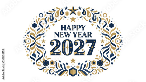 Foto Happy New Year 2027 Celebration Graphic: An ornate, festive graphic design announces Happy New Year 2027 within a decorative, circular, laurel wreath, symbolizing a fresh start and joyous occasion