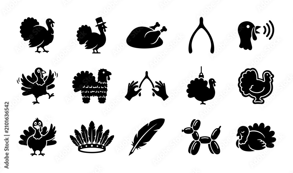 Fototapeta premium Thanksgiving Turkey Icons Set: Festive Holiday Vector Graphics for Autumn Celebrations, Food, and Family Gatherings