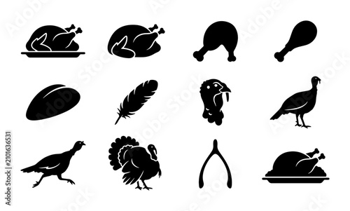 Thanksgiving Turkey Icons Set, Roasted Poultry Vector Graphics, Farm Bird Illustrations, Wishbone & Feather Symbols