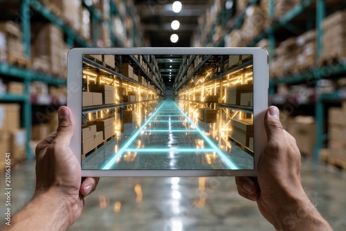 Hands holding tablet displaying futuristic warehouse with glowing lines