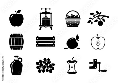 Apple Harvest Icons Set: Orchard Fruit, Press, Basket, Barrel, Crate, Branches, Cider Jug, Blossom, Core, Peeler