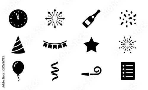 Photography New Year's Eve Celebration Icons Set, Festive Party Elements Vector Collection,