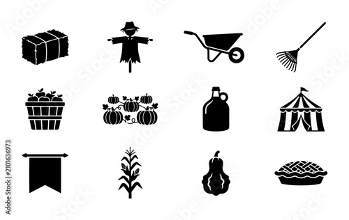 Obraz na płótnie Autumn Harvest Icons: Scarecrow, Pumpkins, Pie, Hay Bale, Rake, Wheelbarrow, Cir