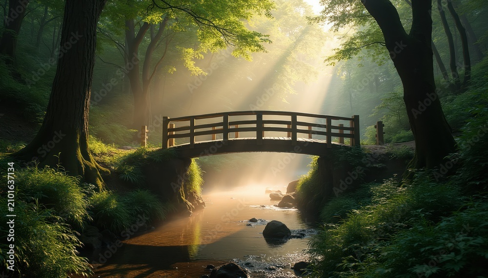 Naklejka premium Wooden bridge crosses gentle stream in lush green forest. Sunbeams pierce morning mist over water. Path winds through trees, vegetation, and rocks for peaceful nature exploration.