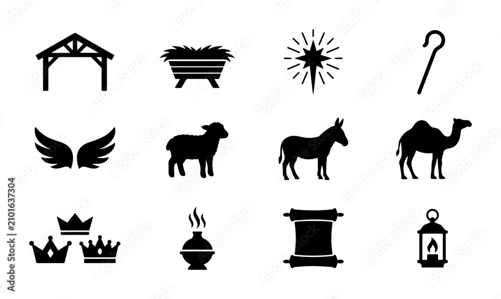 Fototapeta premium Nativity Scene Icons Set, Christmas Story Symbols, Religious Holiday Vector Graphics, Christian Celebration Elements