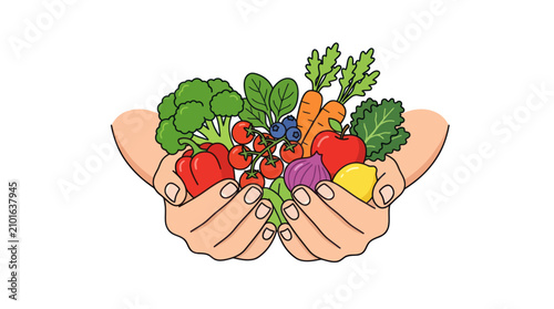 Schilderij op canvas Hands holding variety of fresh organic vegetables.