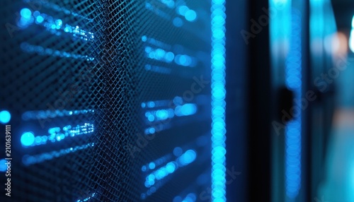 Blue light streaks illuminate server rack mesh grid. Data center equipment blinks with network connection. Digital information flows through secure cyberspace.