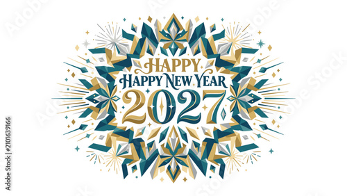 Foto New Year 2027 Celebration Design: A stunning, abstract graphic design announces Happy New Year 2027 with intricate geometric patterns and bursts of light, symbolizing a festive and bright beginning