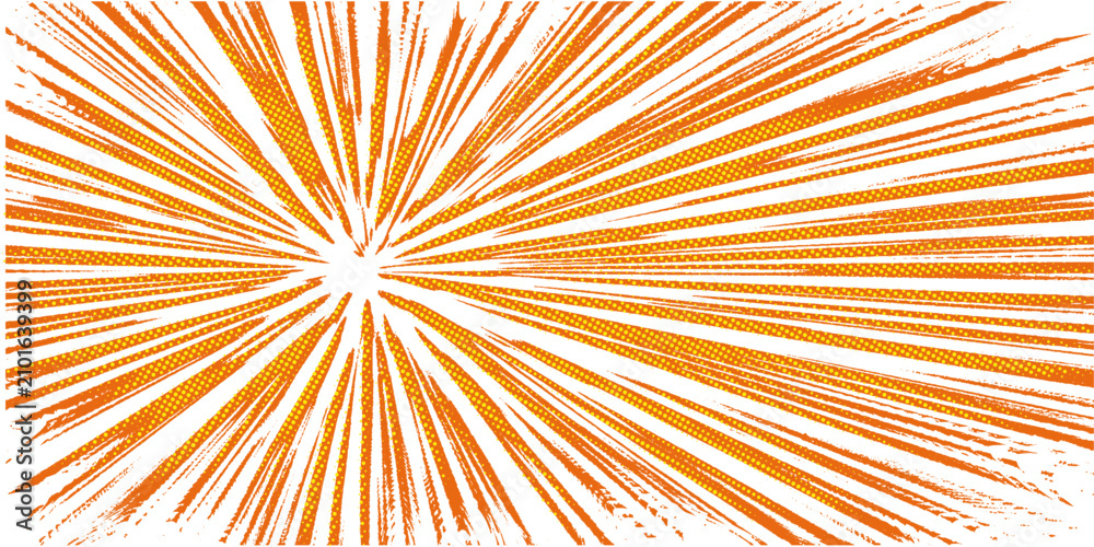 Fototapeta premium Abstract grunge comic sunburst explosion background with halftone rays retro pop art vector illustration.