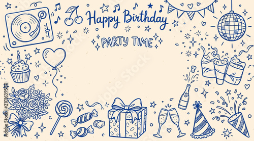 Celebratory birthday party sketch with arranged celebratory composition