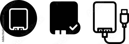 Fotografía Sd card reader and memory card icons black line art vector illustration set