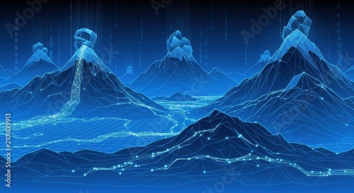 Futuristic blue mountains with neon lights