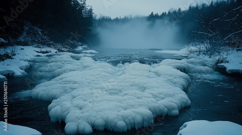 Frozen river ice on misty landscape