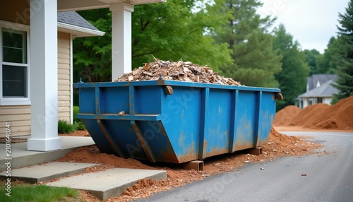Large blue dumpster sits next to house. Container holds construction debris, wood scraps. Site shows dirt piles, implies home renovation or demolition work.