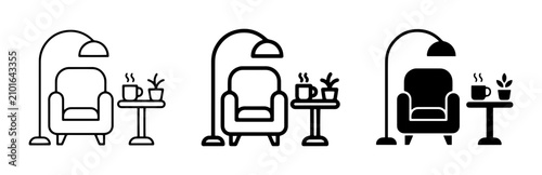 Konstfotografi Cozy Living Room Icon Set, Minimalist Armchair, Floor Lamp, Coffee Table, Plant,
