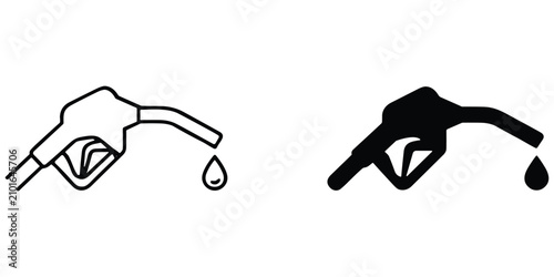 Gasoline pump nozzle with fuel drop icons, outline and solid black, fuel dispensing concept
