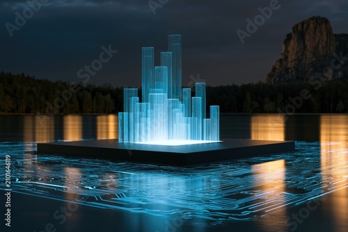 Futuristic digital city hologram emerges from water at dusk