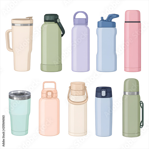 Collection Of Insulated Water Bottles, Thermoses And Travel Tumblers In Pastel Colors Illustration
