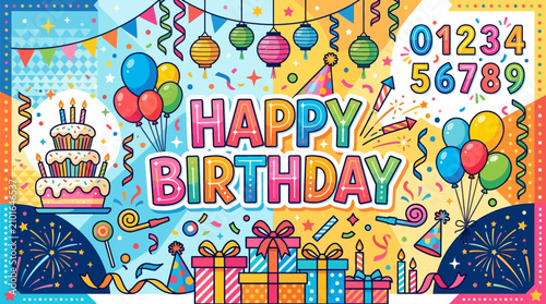 Vibrant birthday celebration with balloons cake gifts with festive graphics