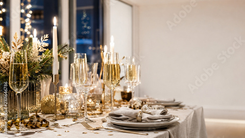 Elegant New Year's Eve dinner table with candles and festive decor