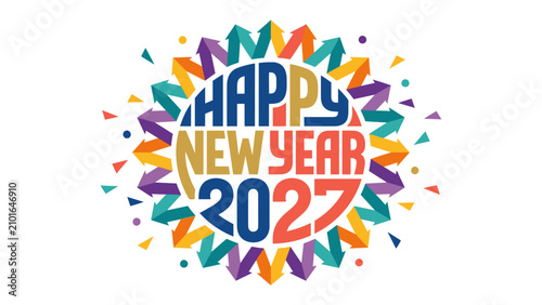 Cuadro en lienzo Happy New Year 2027 Celebration: Vibrant, abstract graphic design bursting with color and festive energy, proclaiming Happy New Year 2027 with radiating starburst elements and confetti