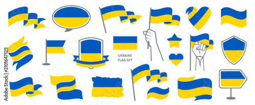 Ukraine Flag Set in Different Styles, Ukrainian Ribbons, Shields, Badges, Tryzub Trident Emblems, Design Elements