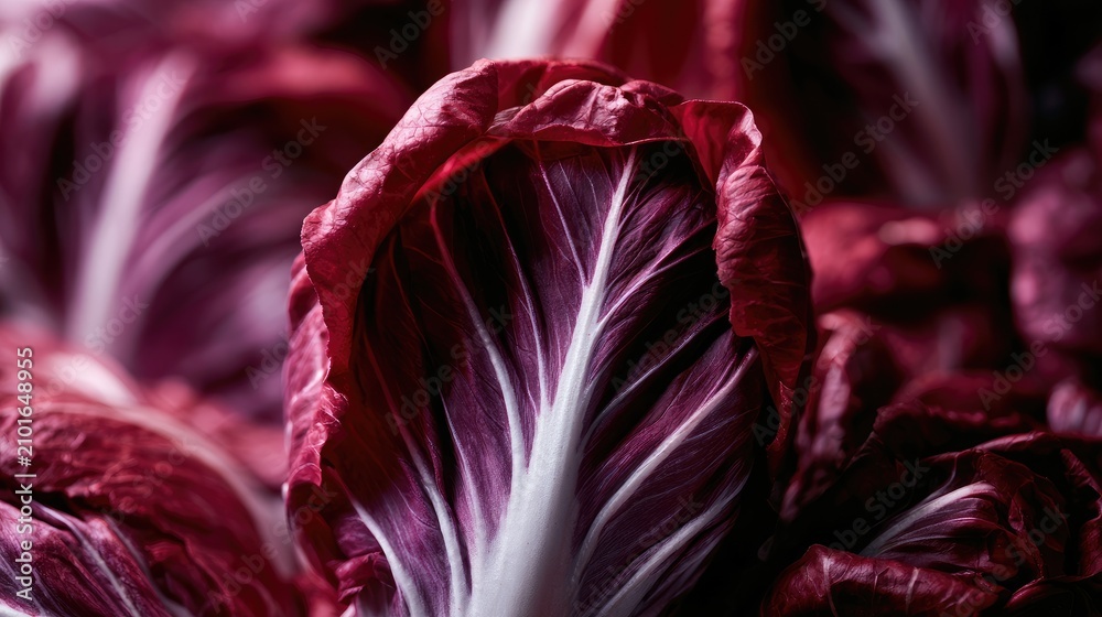 Obraz premium Close-up view of vibrant red radicchio leaves with striking white veins