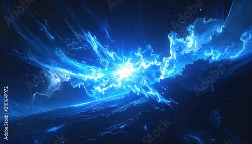 Cinematic blue supernova explosion over a dark planetary horizon