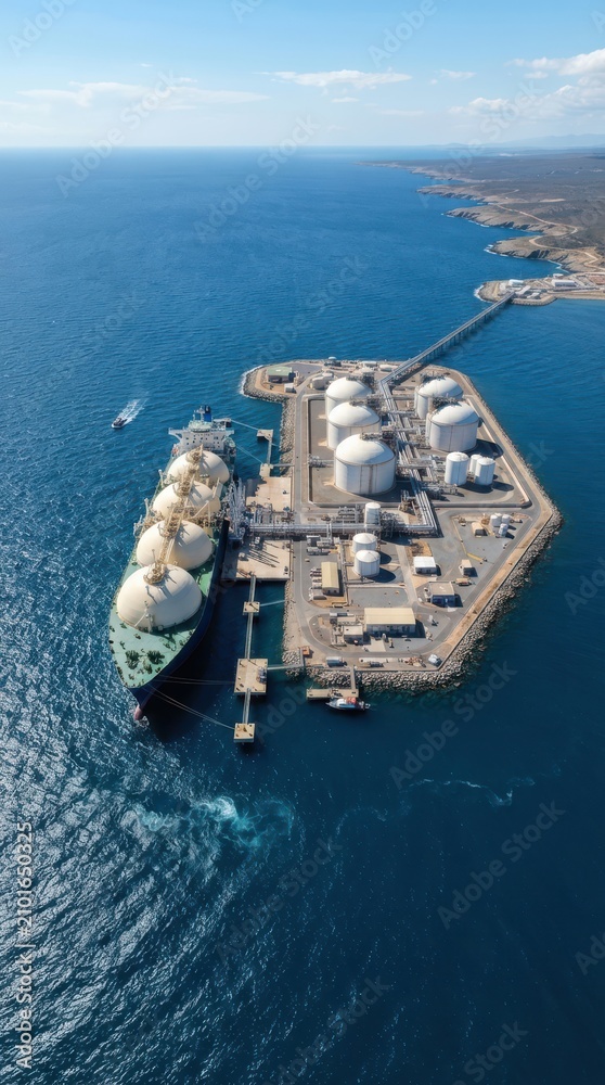 Fototapeta premium Aerial view of LNG tanker docked at offshore industrial terminal
