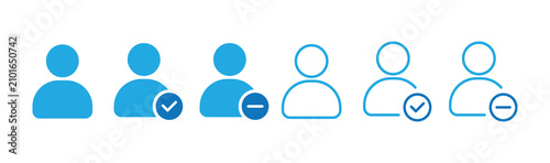 User Approval icon set. Account verification concept, person profile with checkmark and cross icons, accepted and rejected user status, vector illustration. new member register and friend request for