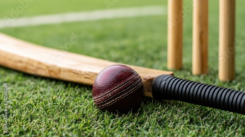 A cricket bat and ball rest on bright green grass near wooden stumps