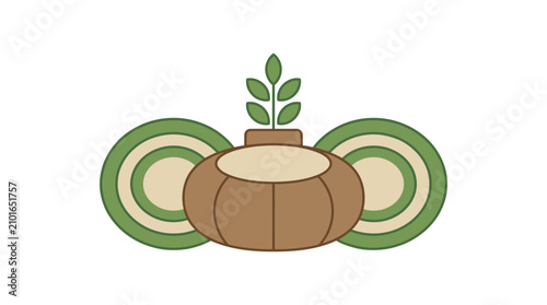 A cozy pillow with a folded blanket centered on a landscape featuring a pot with a plant growing out of it.