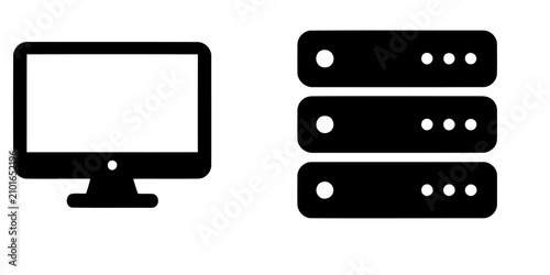 Black computer monitor and server icons on white background