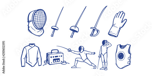 fencing sport element collection hand drawn doodle icon set vector illustration