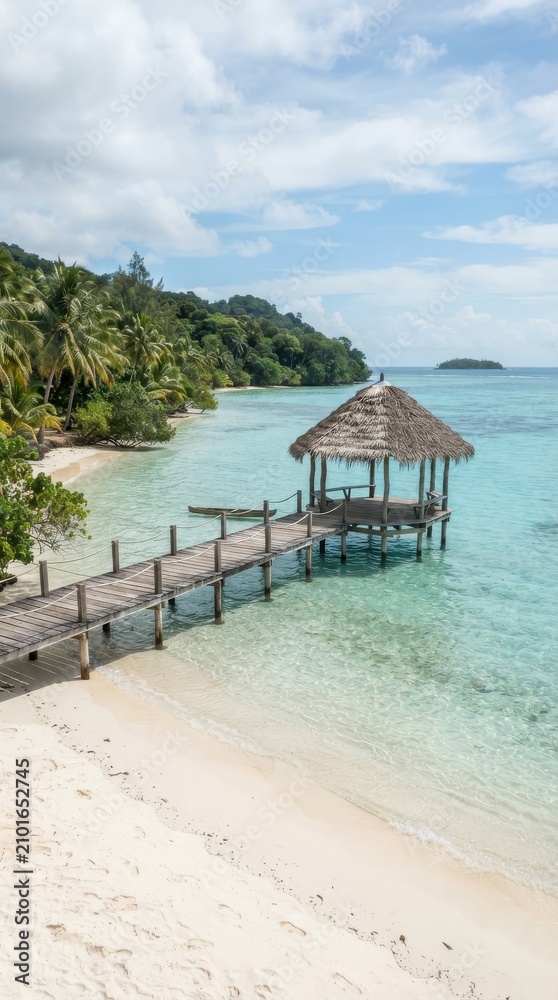 Fototapeta premium Wooden pier with thatched pavilion on a tropical beach