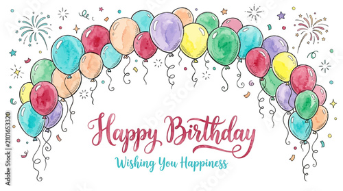 Colorful birthday balloons with handwritten happy birthday greeting