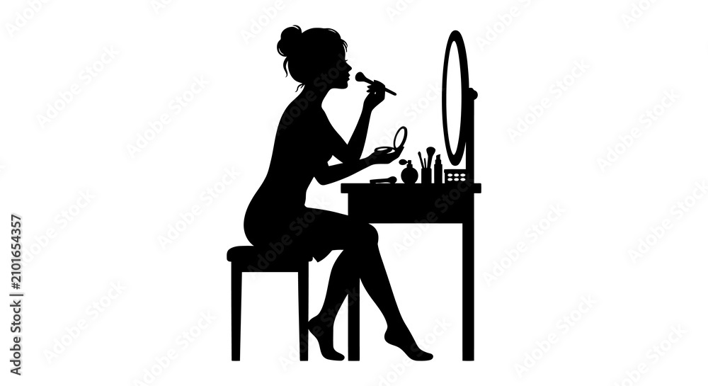 Fototapeta premium Woman Applying Makeup Silhouette Against A White Background