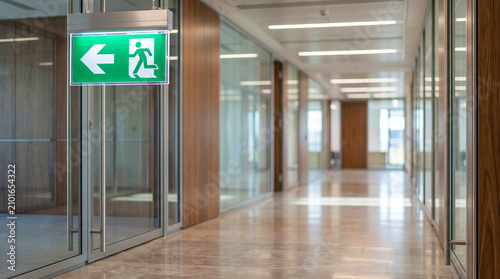An emergency exit sign mounted on a white wall in a modern, blurred hospital hallway 
