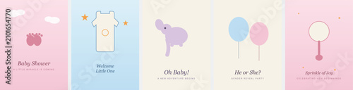 Fotografie Baby shower invitation card set with cute elephant and balloons