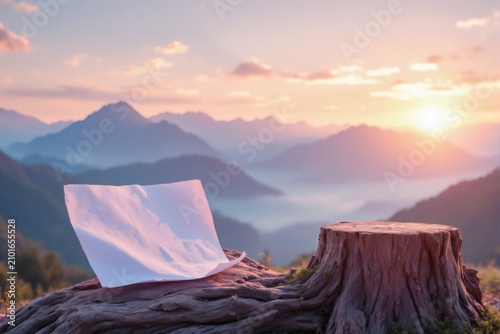 Blank Paper on Tree Stump at Sunrise Mountain View Peaceful Nature Scene