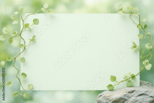 Blank Paper Note Mockup with Green Vine Leaves on Rock Nature Background