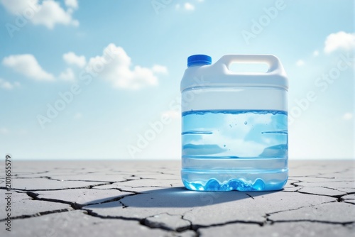 Large Water Container on Dry Cracked Earth Under Blue Sky Water Scarcity Concept