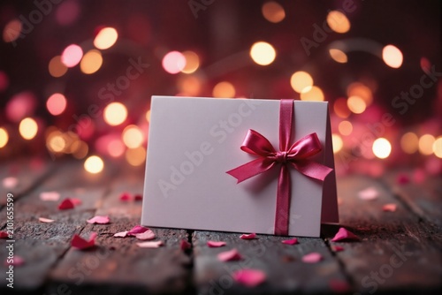 Romantic Valentine s Day Gift Card with Pink Ribbon on Wooden Table