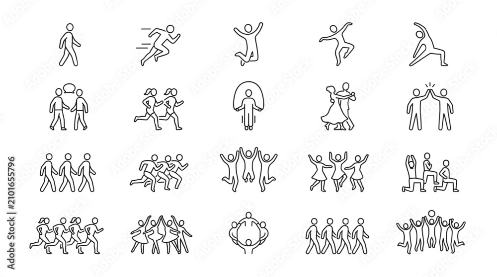 Obraz premium Human Movement Single Line Icon Set, Minimalist Flat Outline Icons of Walking, Running, Jumping, Dancing, Individual and Group People Poses