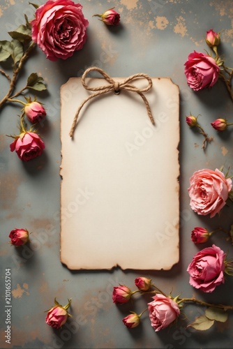 Romantic Pink Roses Surround Vintage Notecard Blank Space Wedding Invitation