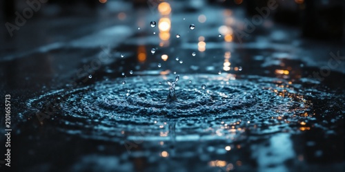 Water droplet impact creating ripples on dark surface at night with bokeh lights