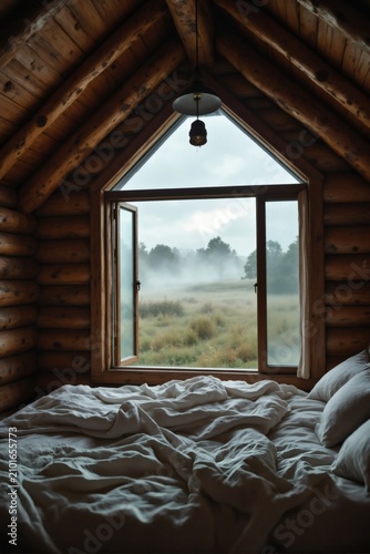Cozy Cabin Bedroom with Foggy Meadow View Through Large Window