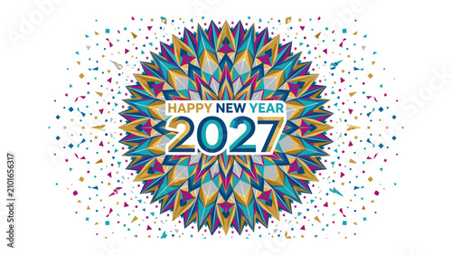 Canvastavla Happy New Year 2027: A festive and abstract design celebrating the arrival of the new year, adorned with colorful confetti and a stylized geometric pattern
