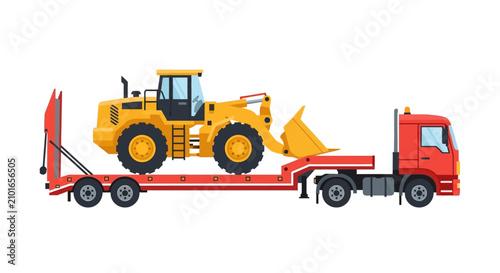 Heavy Equipment Transport Vector: Red Semi Truck with Lowboy Trailer Carrying Yellow Wheel Loader Construction Machinery Isolated on White Background
