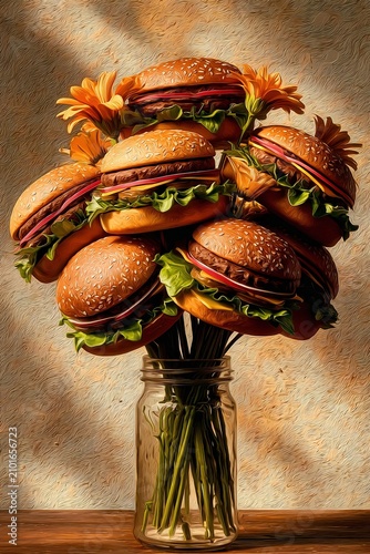 Bouquet of hamburgers arranged as flowers in a vase, surreal food art concept. Ai Generative